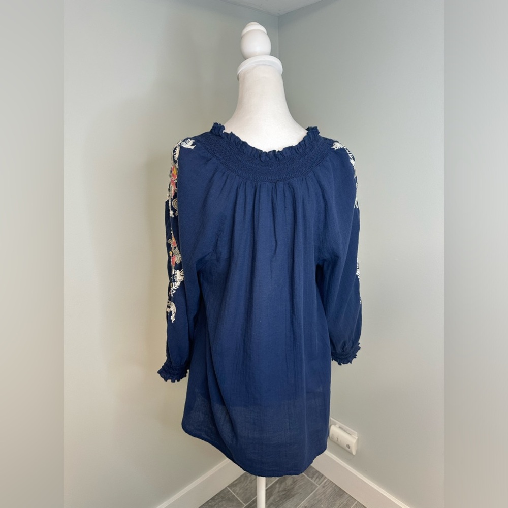 Sundance Cotton Embroidered Peasant Boho Floral Navy Boho Blouse Top Sz  Medium - Picture 6 of 17